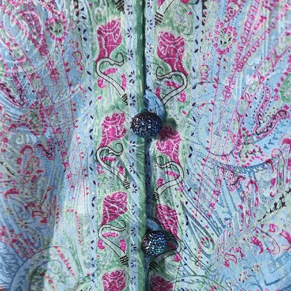 Vintage Blue Silk And Linen Suit Set Floral Paisley Pattern With Sparkly Buttons - Picture 5 of 15